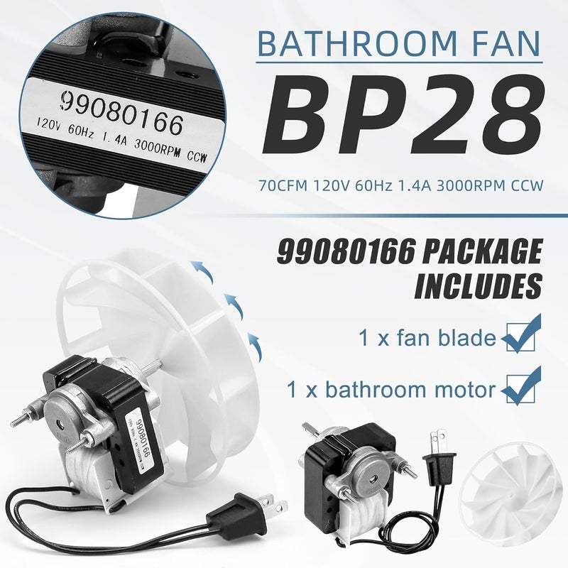 Fetechmate S99080166 BP28 Bathroom Vent Bath Fan Motor Kit Replacement YJF6178 Fit for Bro-an Nu-Tone 655 679 657 658 85n2 Exhaust Fan Motor 70cfm 1.4 Amp 3000RP 120V CCW - 1 Year Free Replacement by - Image 2